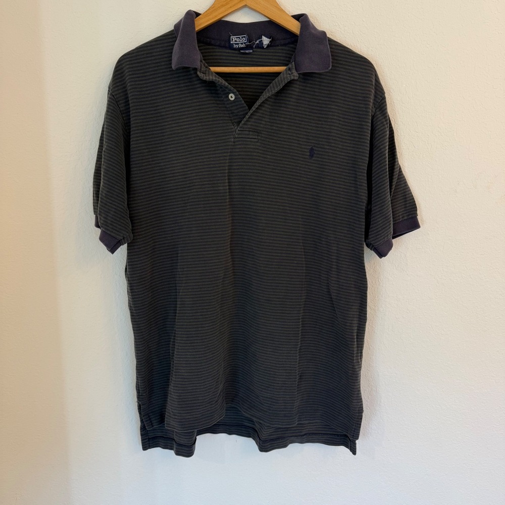 Polo Ralph Lauren Polo Shirt Men XL Navy Green Striped Short Sleeve Pique Cotton